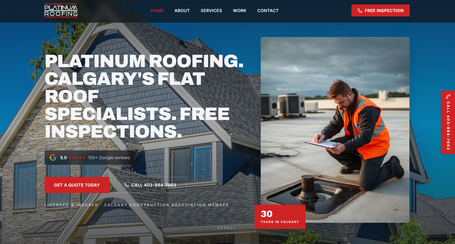 Platinum Roofing website homepage